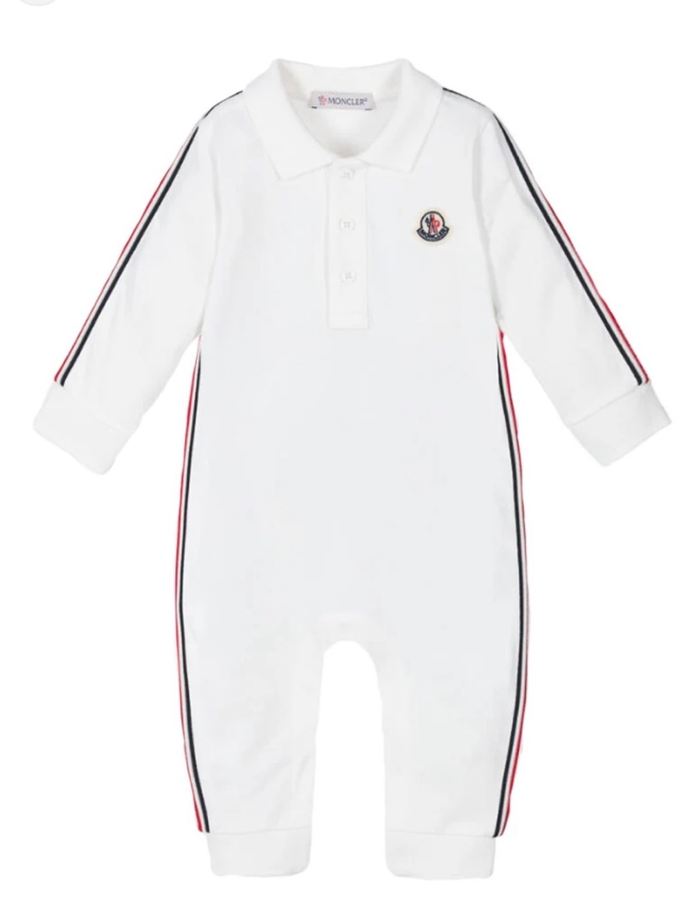 Moncler White Baby Polo Romper with Tricolor Stripe Detail
